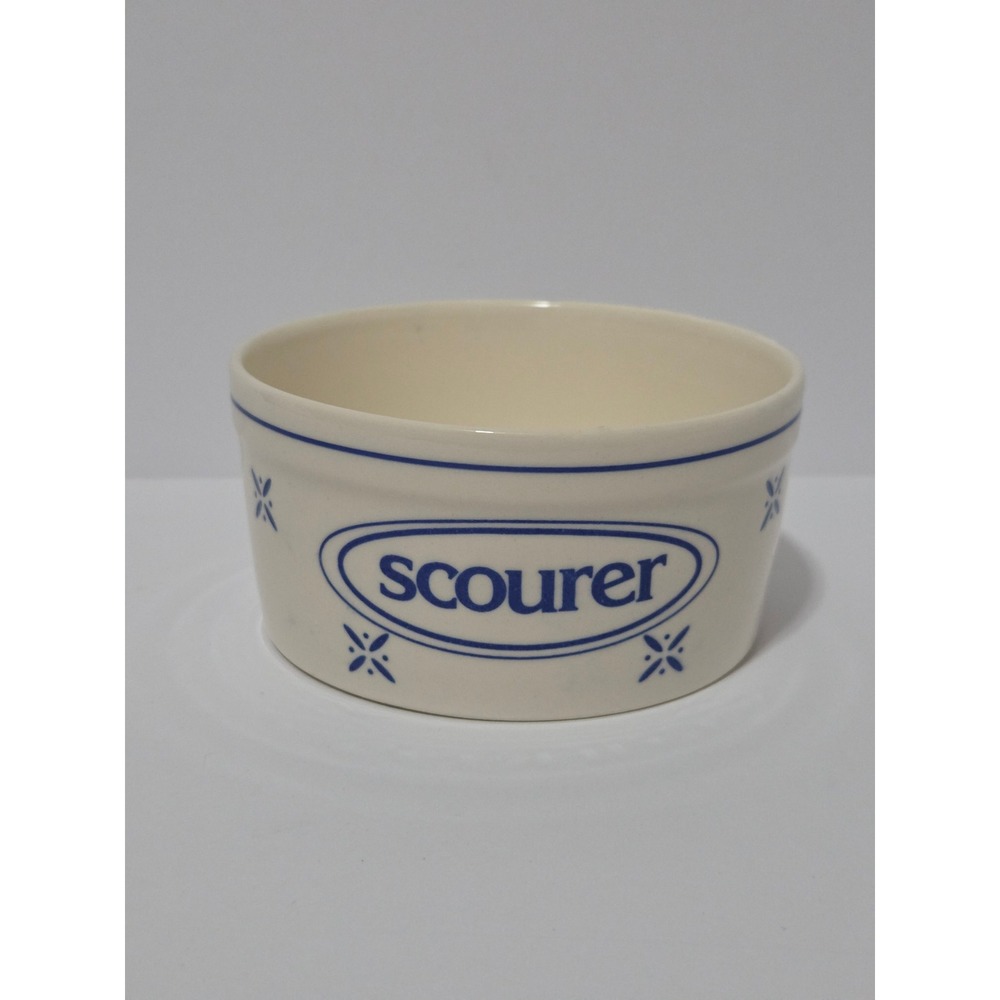 Vintage Ceramic Scourer Cream and Blue Stoneware Kitchen Crock Sponge Dish
